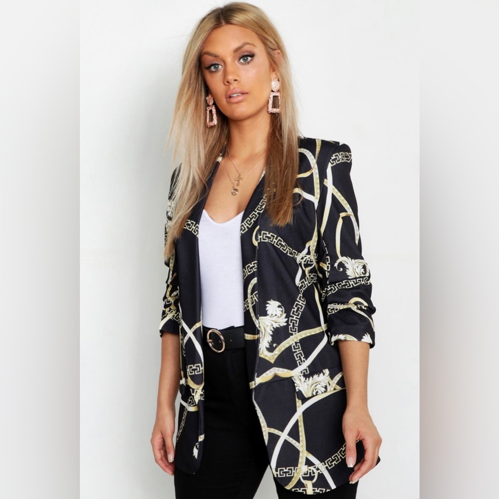 NWT Womens BooHoo Chain print ruched sleeve blazer Size 14
